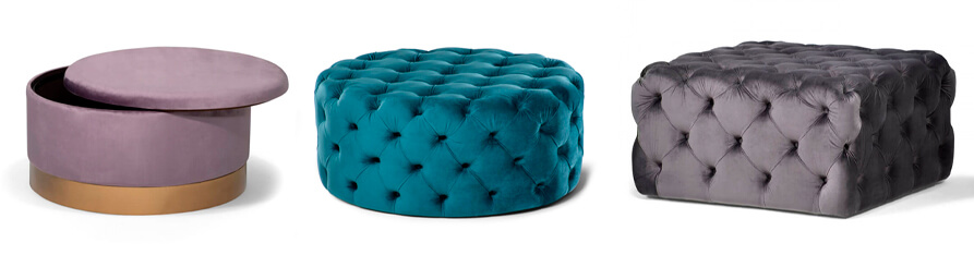 Collection of three velvet ottomans in different colours and shapes